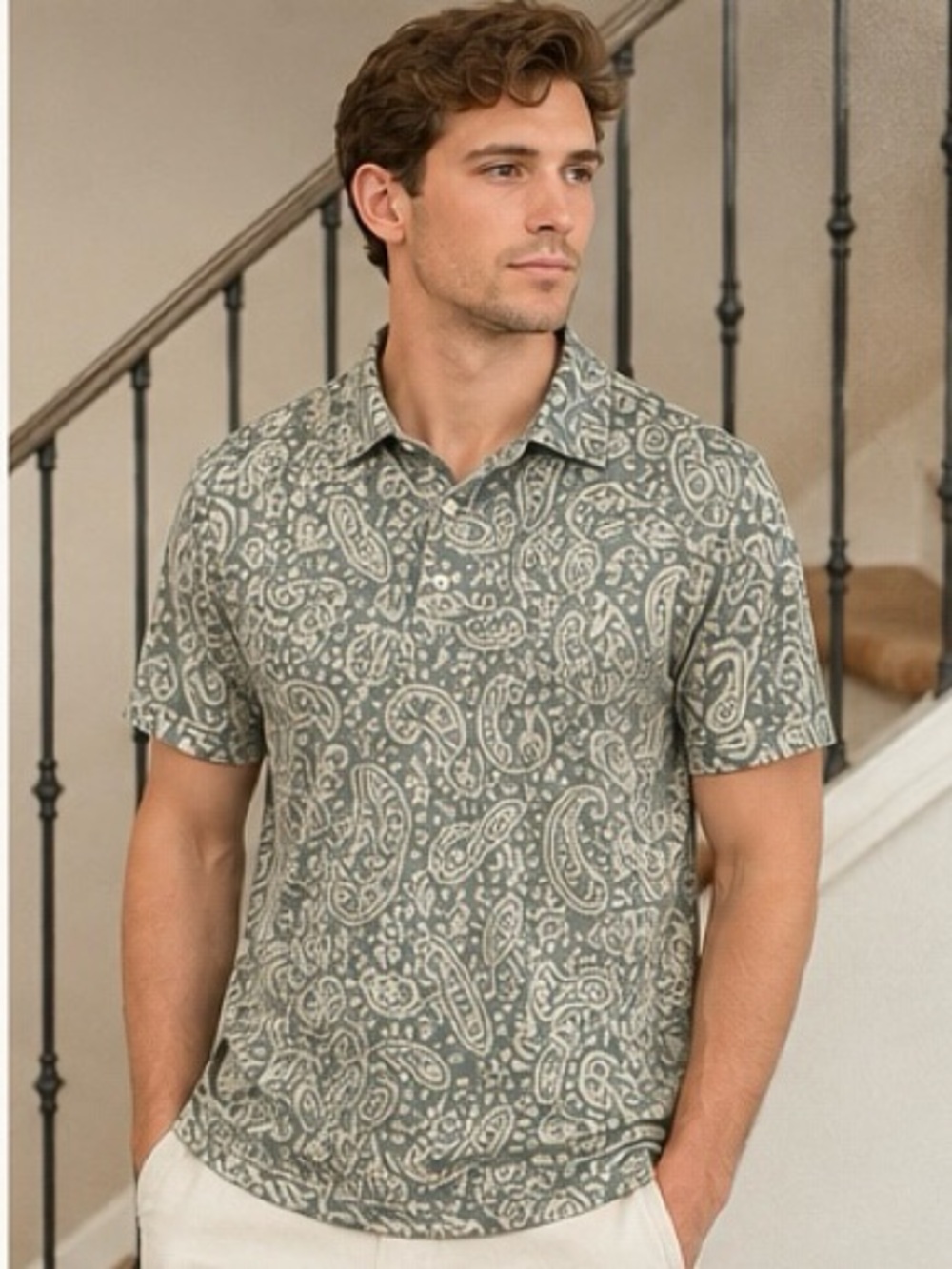chubbies Sage Green and White Paisley-Print Short-Sleeve Polo